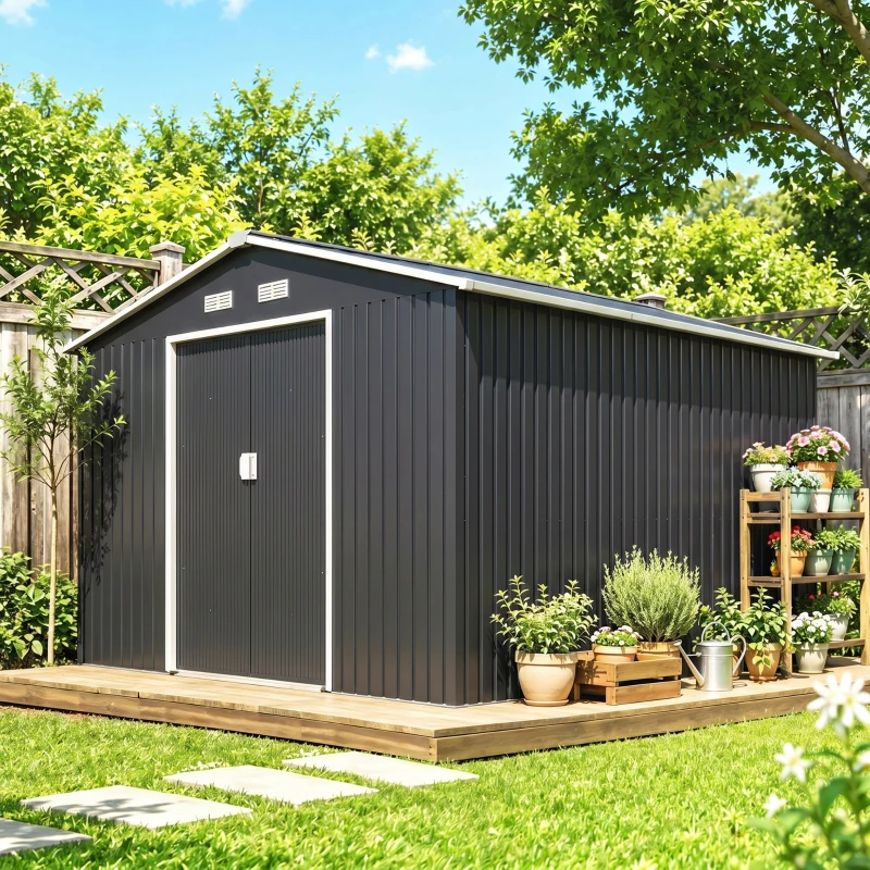 Outsunny Abri de jardin 8,3 m² 322 x 277 x 192 cm kit de fondation incluse porte coulissante ventilations tôle acier gris foncé