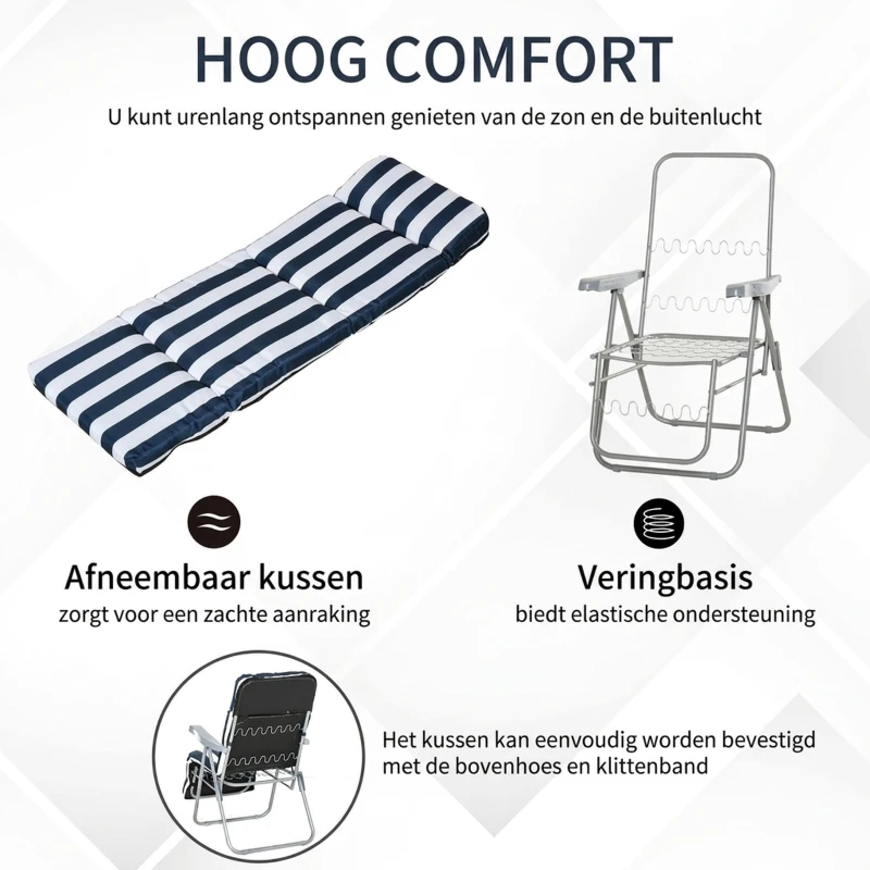 Outsunny Tuinstoel 2x Inklapbaar 60x75x104cm, Verstelbare Rugleuning, 5 Standen, Blauw Wit