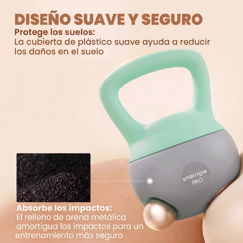 SPORTNOW Pesa Rusa 8 kg Kettlebell Relleno de Arena Metálica Mango Antideslizante para Casa 19x19x28 cm Verde y Gris