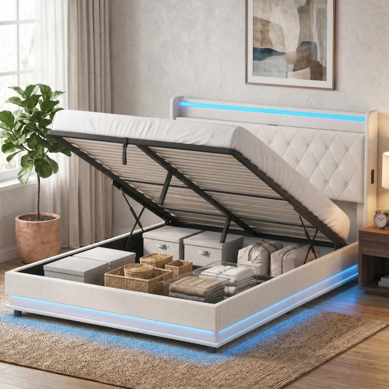 HOMCOM 5ft King Bed Frame with Headboard, Platform Bed Frame with Hydraulic Storage, LED Lights and Charging Station, White