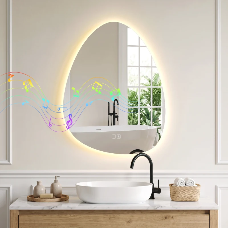 HOMCOM Oglindă de baie cu LED, 3 culori, 50x70 cm, neregulată, Bluetooth, anti-aburire, touch