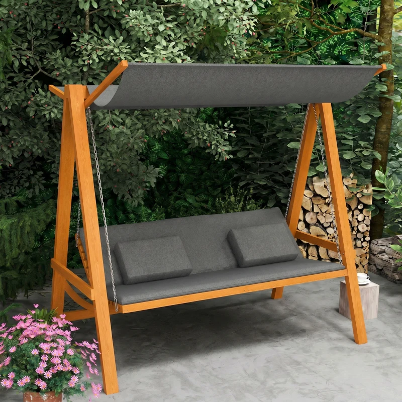 Outsunny hangmatschommel met bedfunctie 3-zits tuinschommel met dak ligbed tuinbank Lariks hout polyester grijs + teak 225.5 x 113 x 180 cm