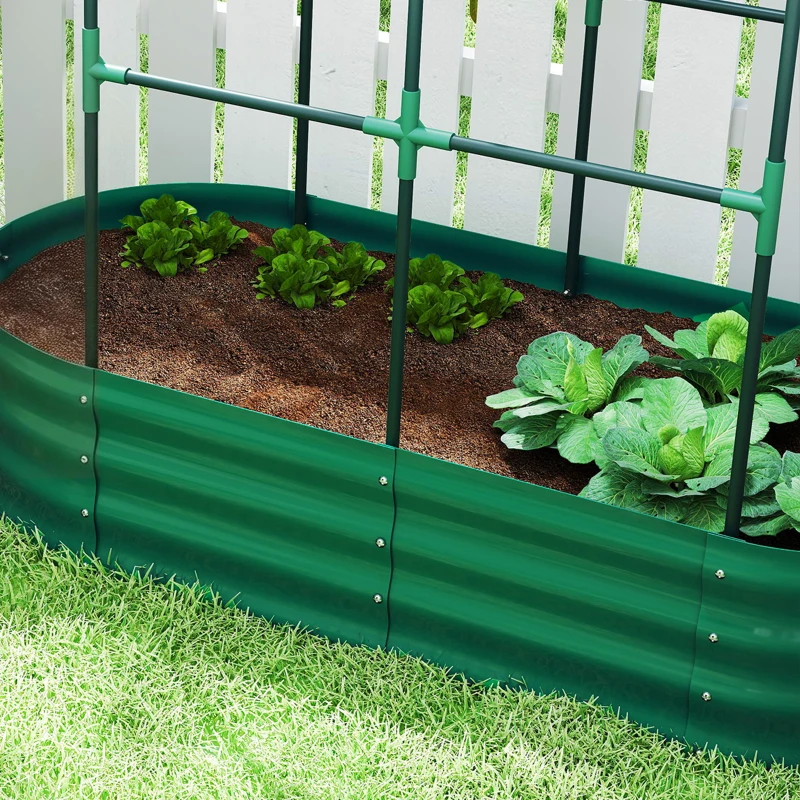 Outsunny Galvanised Raised Garden Bed with Arched Trellis, 4 x 2 x 4.6ft Metal Raised Bed for Garden with Open Bottom, Green
