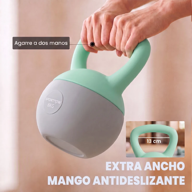 SPORTNOW Pesa Rusa 8 kg Kettlebell Relleno de Arena Metálica Mango Antideslizante para Casa 19x19x28 cm Verde y Gris