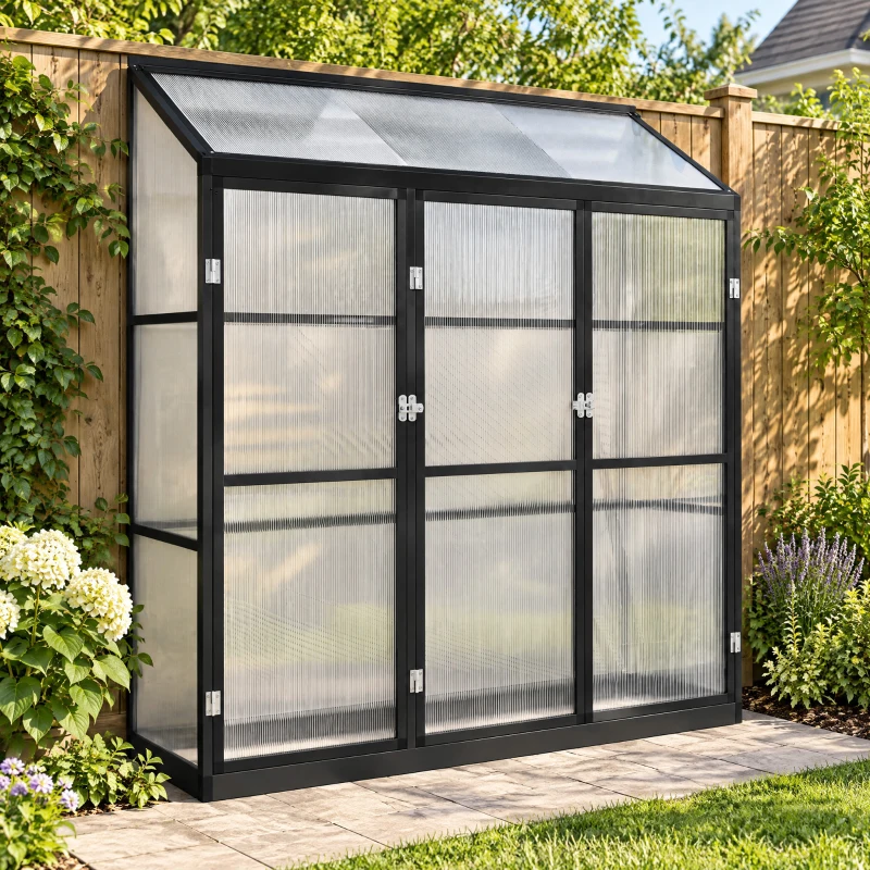 Outsunny 6 x 1.5ft Polycarbonate Greenhouse, Quick Setup, Lean-to Green House with 3 Hinged Doors, Top Vent, Black