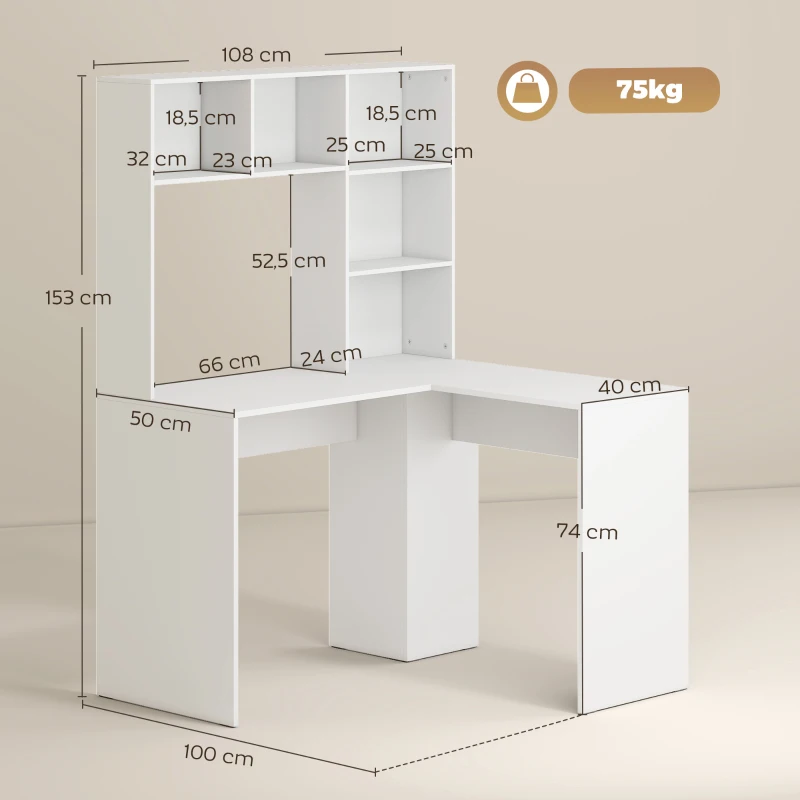 HOMCOM Escritorio Esquinero con Estantería, 108 cm, Color Blanco