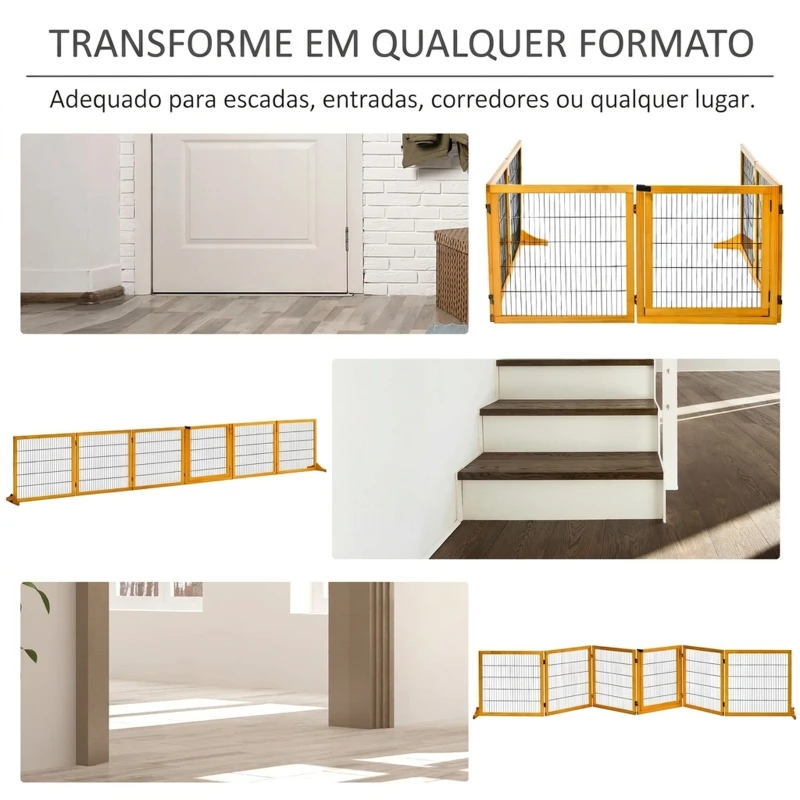 PawHut Barreira de Segurança Dobrável para Cães em Madeira para Escadas e Portas com Pés de Apoio 432x36x70 cm Amarelo