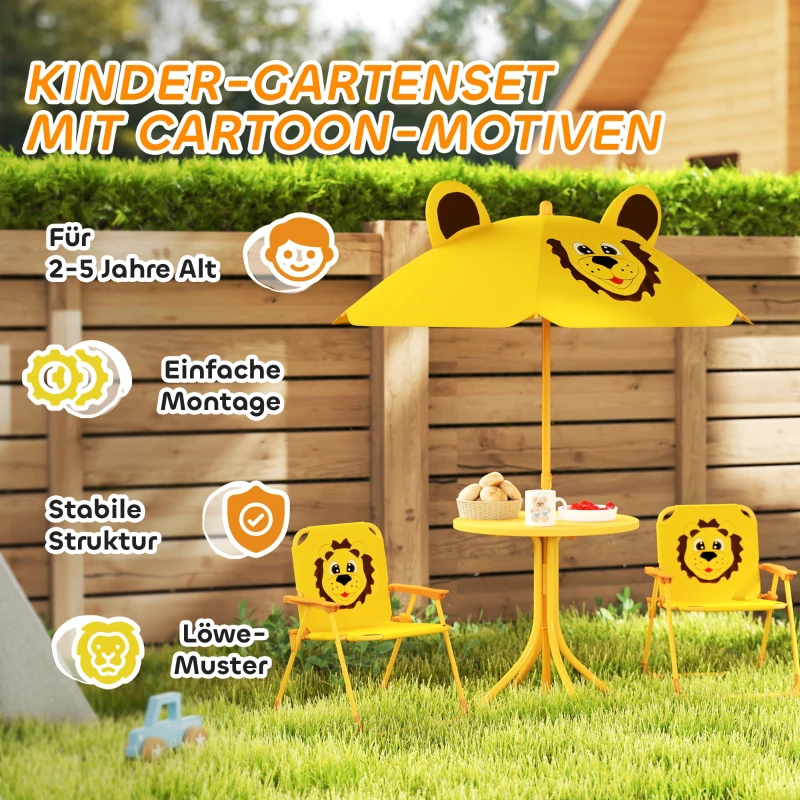 AIYAPLAY Kindertuinmeubelset, Stoelen, Tafel, Parasol, Leeuwendesign, Geel