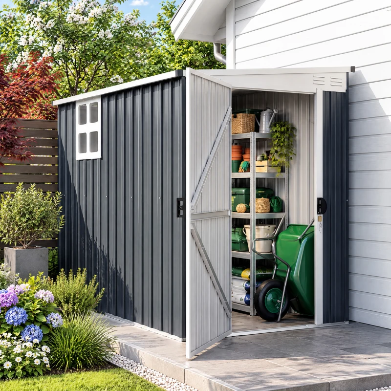 Outsunny 7.6 x 4ft Lean to Garden Metal Shed, Outdoor Storage Shed with Window, 2 Vents and Lockable Door for Garden, Dark Grey