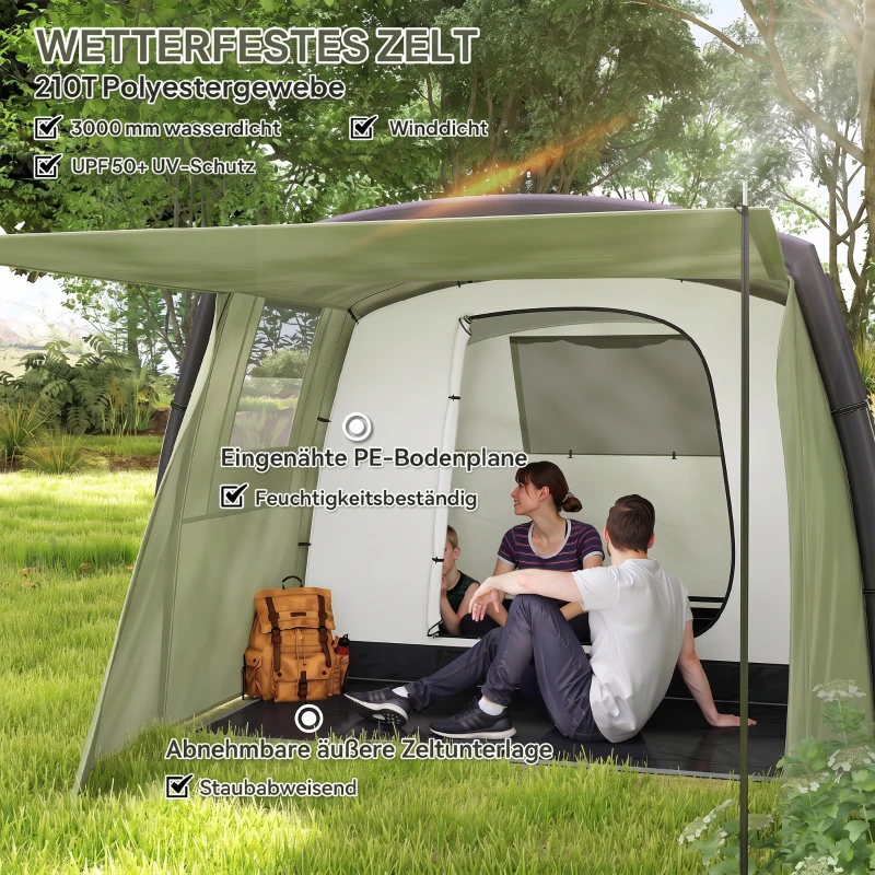 Outsunny Aufblasbares Campingzelt 3 Personen Outdoor Tunnelzelt mit Seitenfenstern Tür Luftträger 4,4 x 2,8 x 1,95 m Grün