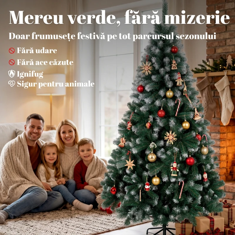 HOMCOM Brad de Crăciun cu 700 Ramuri Ignifuge, Efect Înzăpezit Realist și Bază din Oțel, 100x100x180 cm, Verde