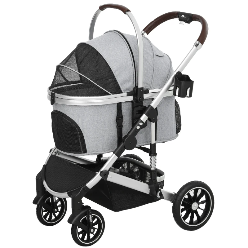 PawHut 3-in-1 Opvouwbare Hondenbuggy voor Honden & Katten tot 10 kg met Kussen en Bekerhouder - Lichtgrijs(m-10)