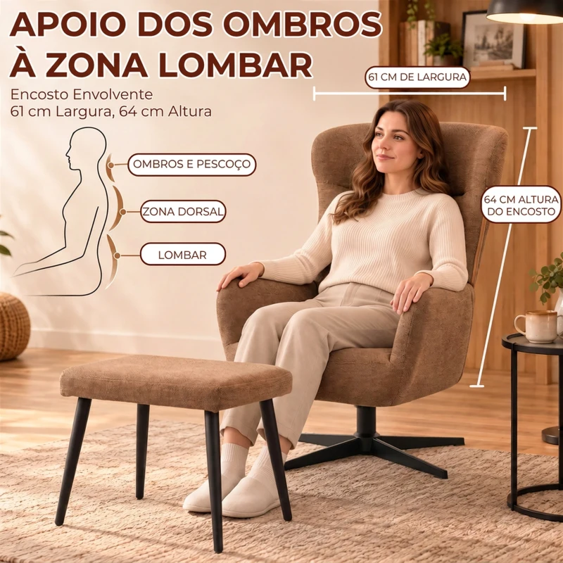 HOMCOM Poltrona Relax com Apoio para os Pés, Giratória 360°, Oscilante, Encosto Alto, Castanha