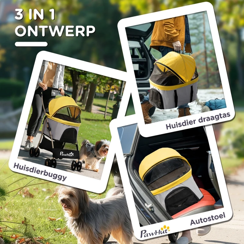 PawHut 2-in-1 Hondenbuggy en Hondentrolley, Opvouwbaar, 1 Mand, 1 Tas, 82 cm x 49,5 cm x 98 cm, Geel