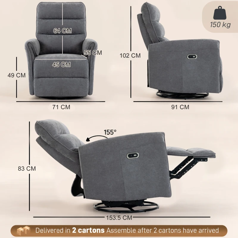 HOMCOM Fotoliu relax electric 155° cu suport pentru picioare, tapițat, rotire 270°, balansoar, șenilă, gri