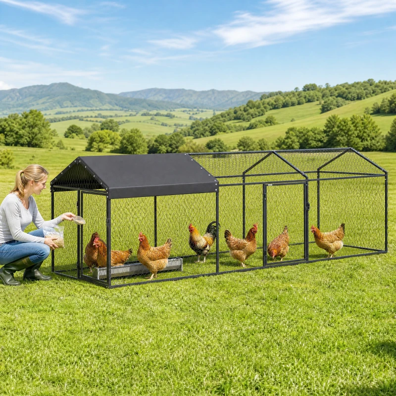 PawHut Pollaio per Galline da Esterno, 3x1x1m, in Acciaio Zincato con Semi-Tetto Impermeabile Anti-UV e Serratura