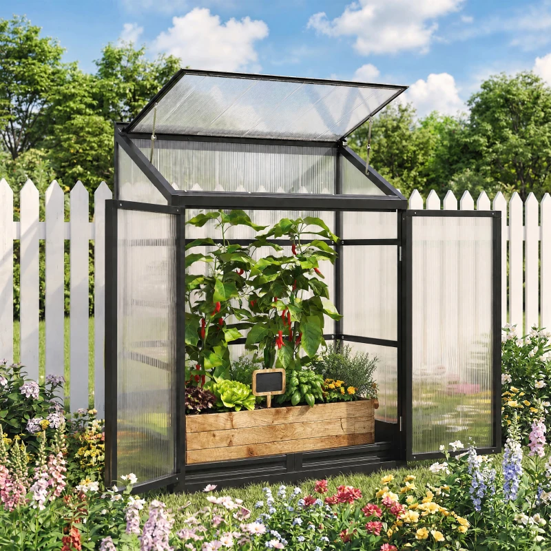 Outsunny 4 x 2ft Polycarbonate Greenhouse, Quick Setup, Lean-to Green House with 2 Hinged Doors, Top Vent, Black