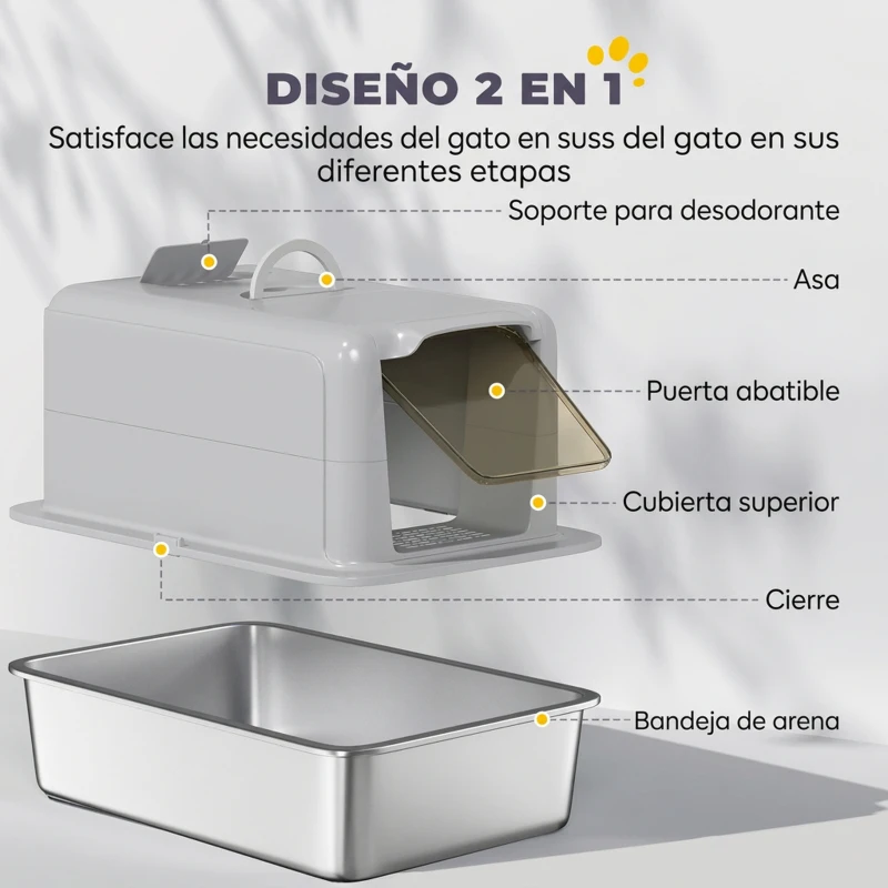 PawHut Arenero para Gatos de Acero Inoxidable Grande con Tapa Cerrado con Pala Escalón Arena Fácil de Limpiar Antiolor Gris