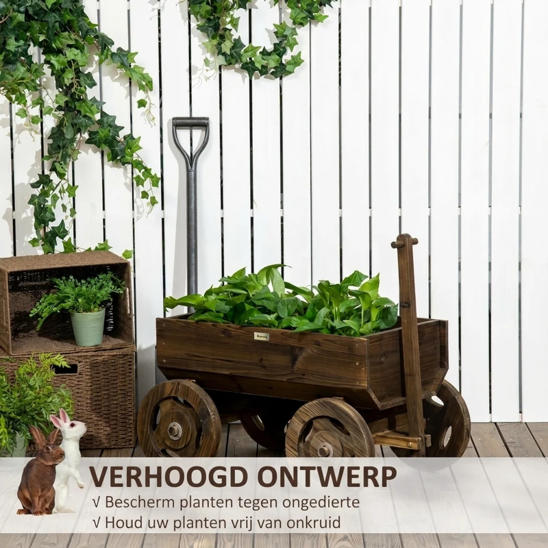 Outsunny verhoogd bed in houten karontwerp bloembak houten plantenkar verkoold
