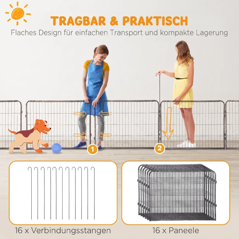 PawHut Welpenlaufstall 16-TLG Welpenauslauf mit 16 Gitterplatten Tür flexibel Schutzplane 60cm hoch Welpengitter Laufstall für Haustiere Hund Katze Welpe Laufgitter für drinnen und draußen