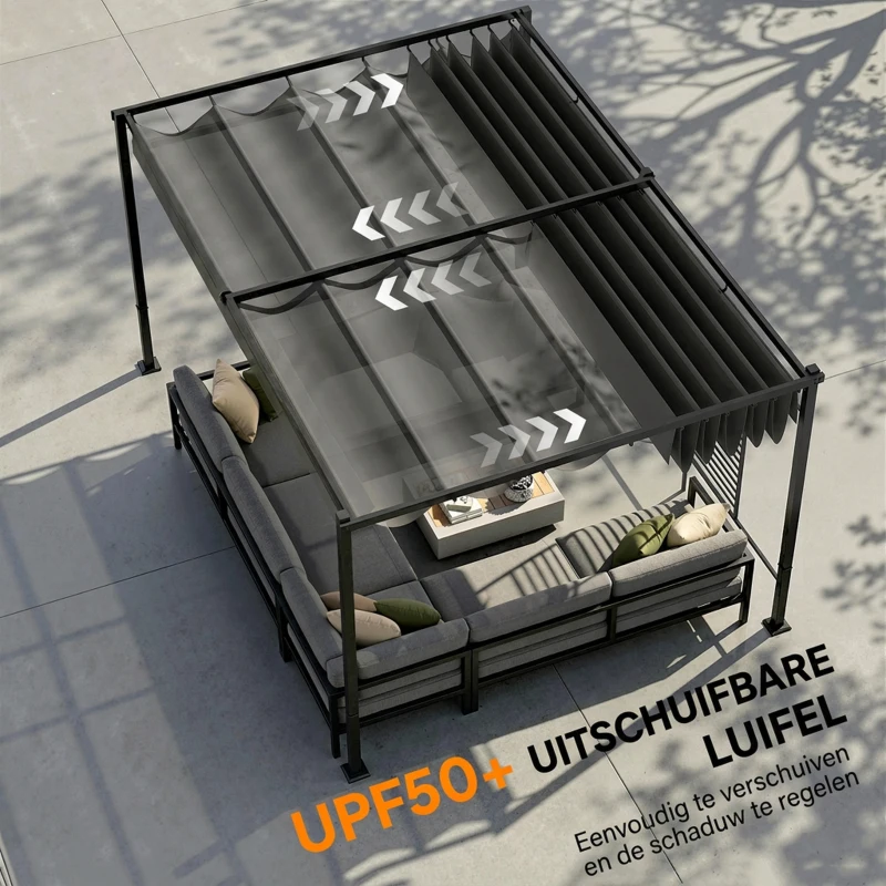Outsunny Pergola 3,87 x 2,97 m terrasoverkapping met schuifdak, 2 privacypanelen, UV 50+ donkergrijs
