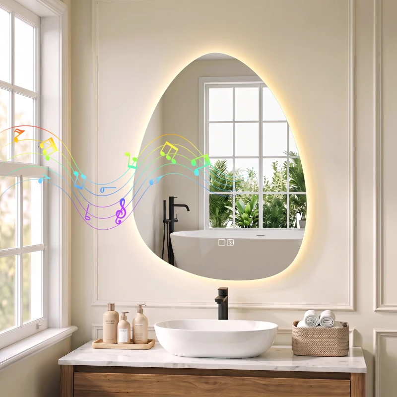 HOMCOM Oglindă de baie cu LED, 3 culori, 50x70 cm, neregulată, Bluetooth, anti-aburire, touch