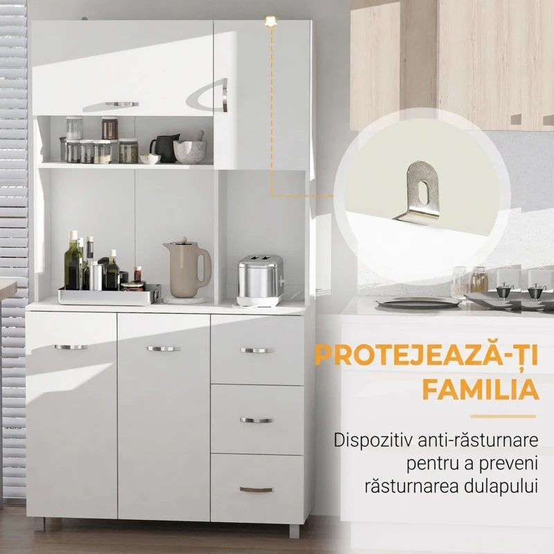 HOMCOM Bufet Modern pentru Bucătărie cu Sertare, Dulapuri și Rafturi Deschise, 100x39.5x183.5cm, Alb(m-7)