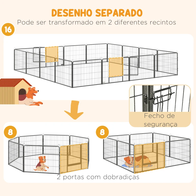 PawHut Parque para Cães com 16 Painéis e 2 Portas, Recinto em Aço para Interior e Exterior 80x60 cm Cinzento
