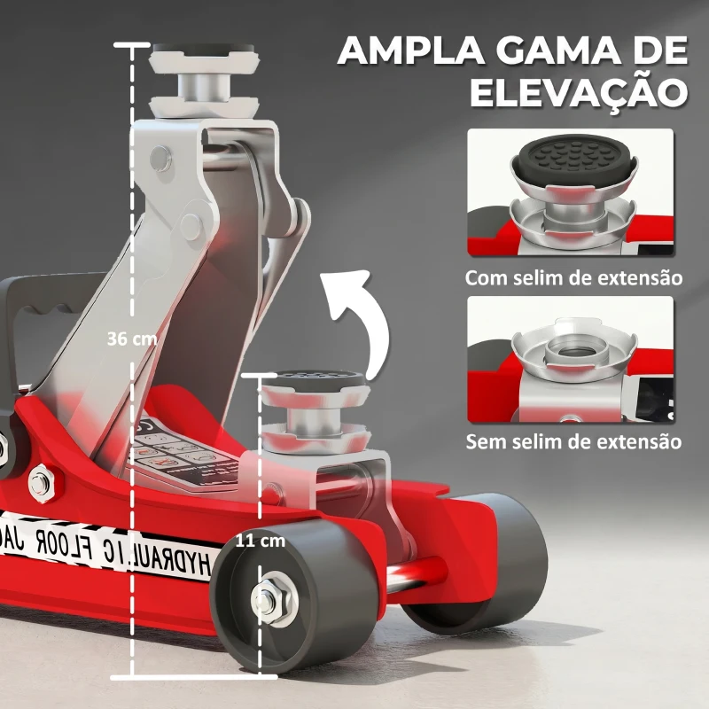 HOMCOM Macaco Hidráulico para Carro 2,5 T, Altura de Elevação 80-360 mm, Baixo Perfil, com Rodas e Pega Superior, para Automóvel e SUV