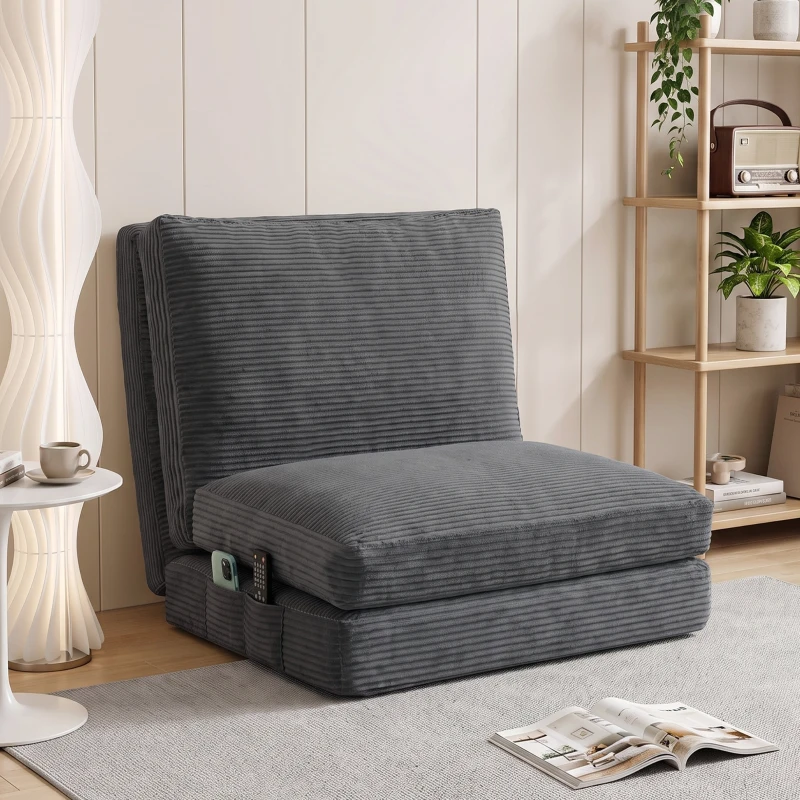 HOMCOM Scaun-pat pliant 76 cm, canapea de podea din catifea corduroy, umplutură groasă, husă detaşabilă şi lavabilă, gri