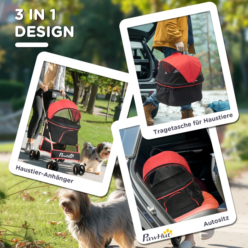PawHut 2-in-1 Hondenbuggy en Hondentrolley, Opvouwbaar, 1 Mand, 1 Tas, 82 cm x 49,5 cm x 98 cm, Rood