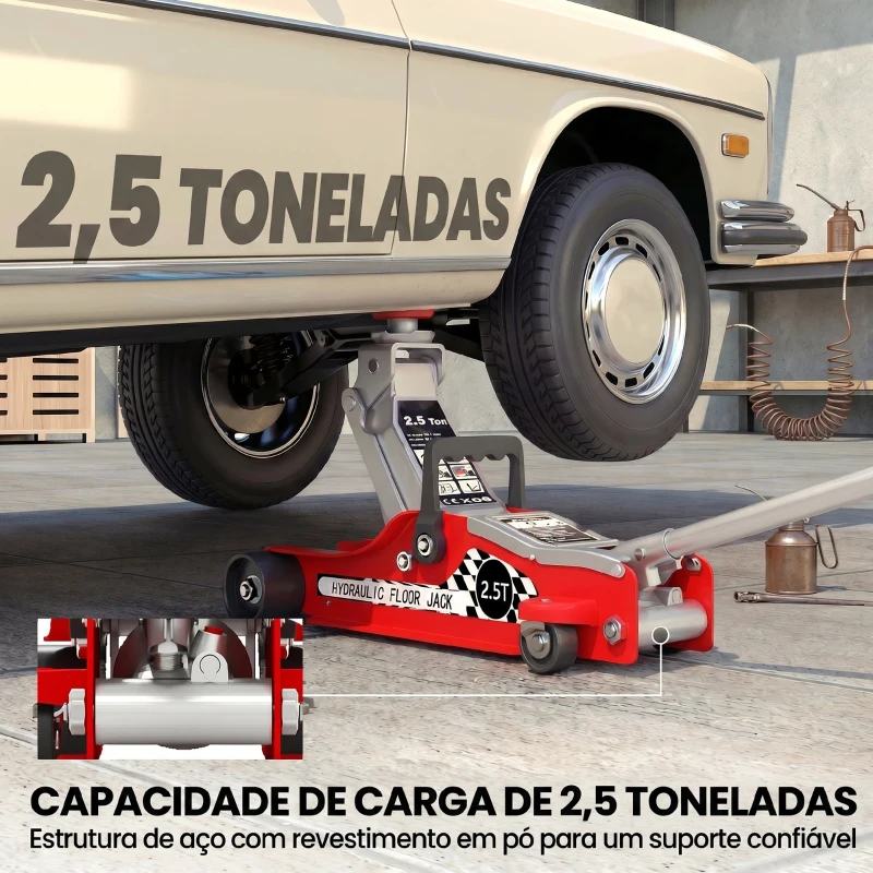 HOMCOM Macaco Hidráulico para Carro 2,5 T, Altura de Elevação 80-360 mm, Baixo Perfil, com Rodas e Pega Superior, para Automóvel e SUV