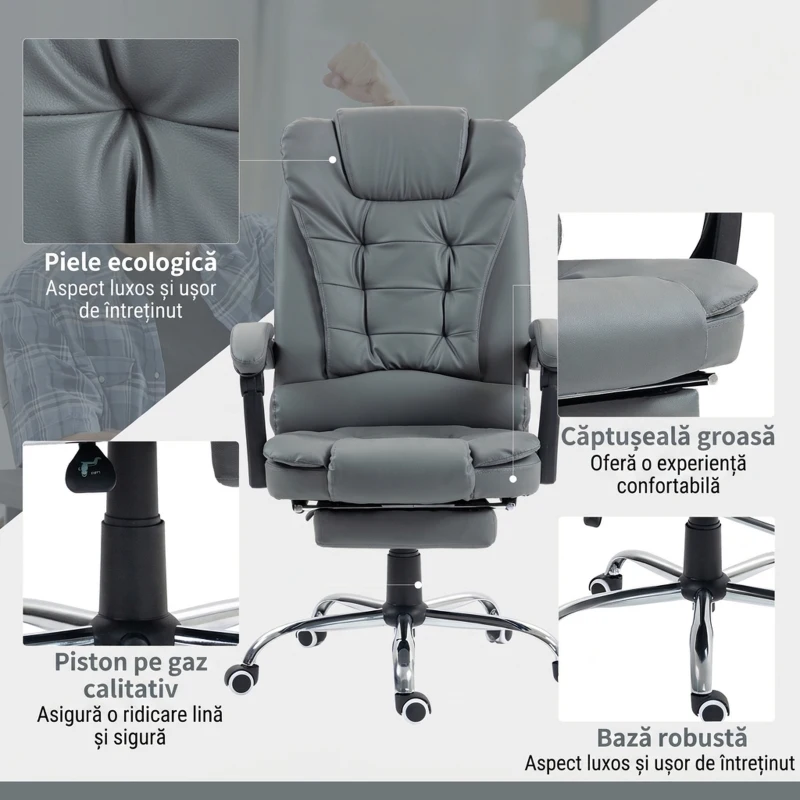 HOMCOM Scaun de birou ergonomic rabatabil la 145° cu suport pentru picioare extensibil din piele ecologică, gri