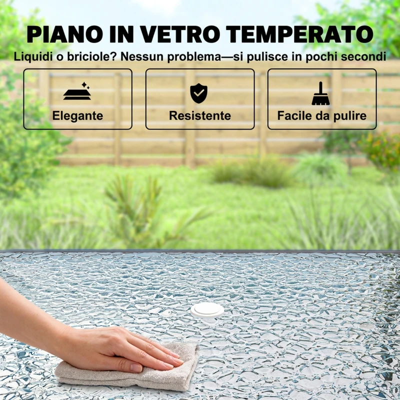 Outsunny Set da Giardino 8 pz con Ombrellone, 6 Sedie Pieghevoli e Tavolo da Esterno in Vetro Temperato, Nero