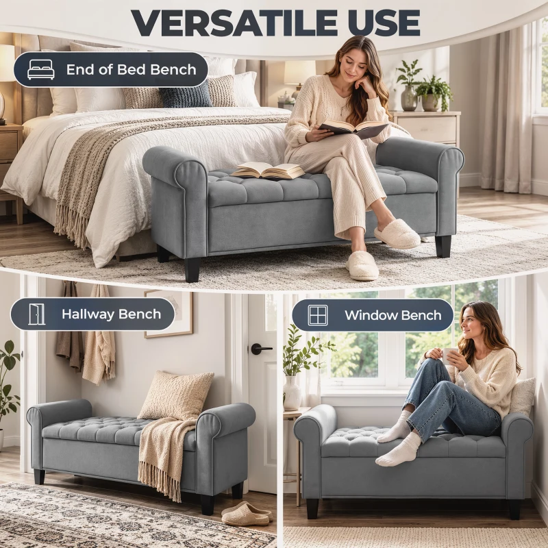 HOMCOM Banc de rangement bout de lit avec accoudoirs, tissu effet velours rembourré et capitonné, 126 x 48,5 x 57 cm, gris(m-8)