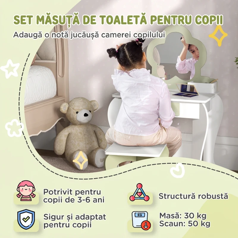 ZONEKIZ Set masă de toaletă pentru fetițe cu oglindă și scaun asortat din lemn, sertar și spații de depozitare, alb