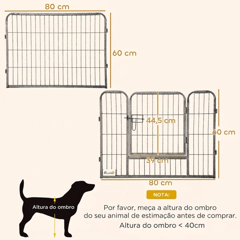 PawHut Parque para Cães com 16 Painéis e 2 Portas, Recinto em Aço para Interior e Exterior 80x60 cm Cinzento