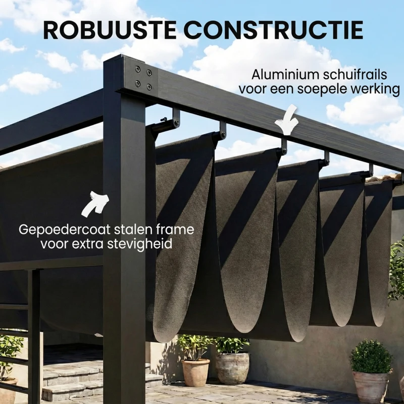 Outsunny Pergola 3,87 x 2,97 m terrasoverkapping met schuifdak, 2 privacypanelen, UV 50+ donkergrijs