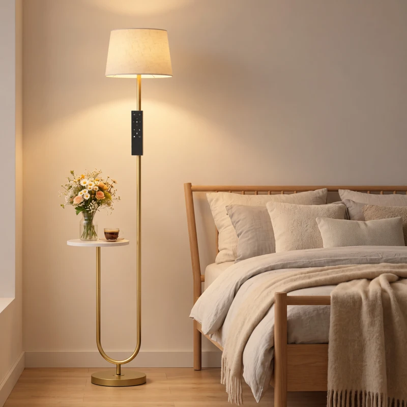 HOMCOM Modern Floor Lamp with Shelf, Dimmable Floor Lamp with Linen Shade, RF Remote and Foot Switch for Living Room, Gold Tone