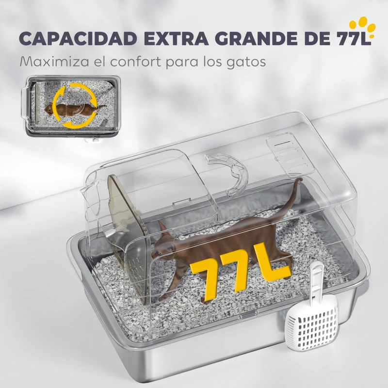 PawHut Arenero para Gatos de Acero Inoxidable Grande con Tapa Cerrado con Pala Escalón Arena Fácil de Limpiar Antiolor Gris