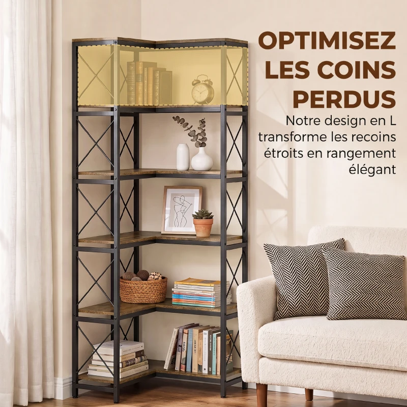 HOMCOM Bibliothèque d'angle à 6 niveaux, meuble de rangement en métal pour salon, chambre, bureau, 60x60x200cm, brun rustique