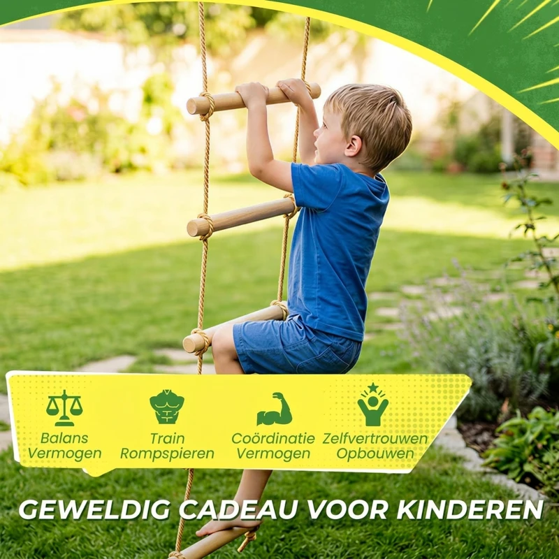 AIYAPLAY Ninja Line Kinderen 1,8m 5-traps klimladder met 2 karabijnhaken 2 boomriemen voor 3-8 jaar 40 x 3,5 x 180 cm natuurhout