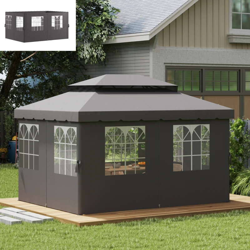 Outsunny Paviljoenzijwanden, 4 zijpaneeldelen voor tuinpaviljoen, met rits, 3 x 4 m paviljoen, Donkergrijs