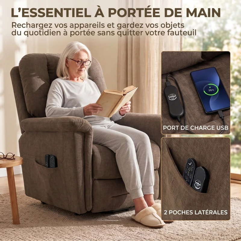 HOMCOM Fauteuil Releveur Électrique Massage et Chaleur Fauteuil Relax Électrique Velours Port USB Dossier Inclinable Marron