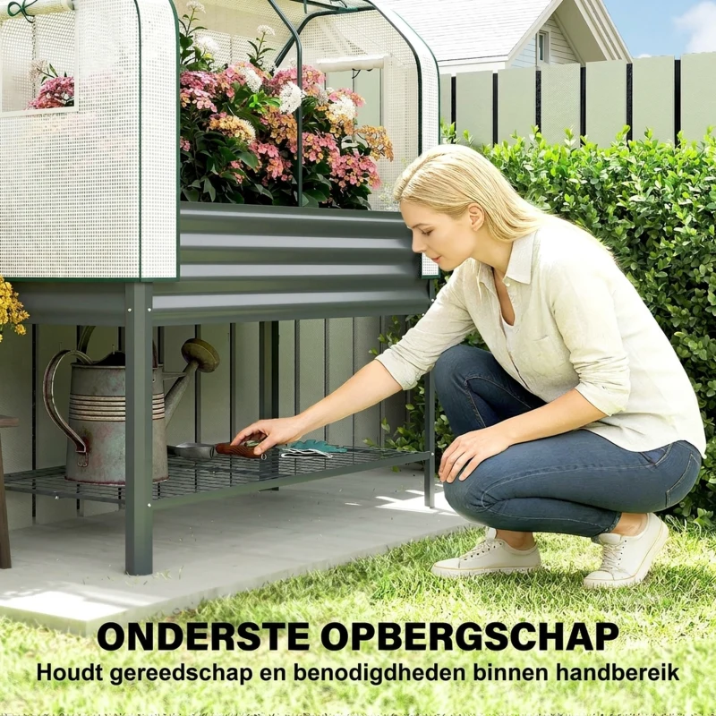 Outsunny Verhoogd plantenbed met kasopzetstuk van metaal, plantenbak met kas en opbergrek, verhoogd 120 x 55 x 140cm