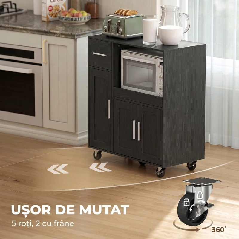 HOMCOM Dulap pentru Microunde din Lemn cu Sertar, 2 Dulapuri, Raft Deschis și Raft Reglabil, 80x40x88,7 cm, Negru