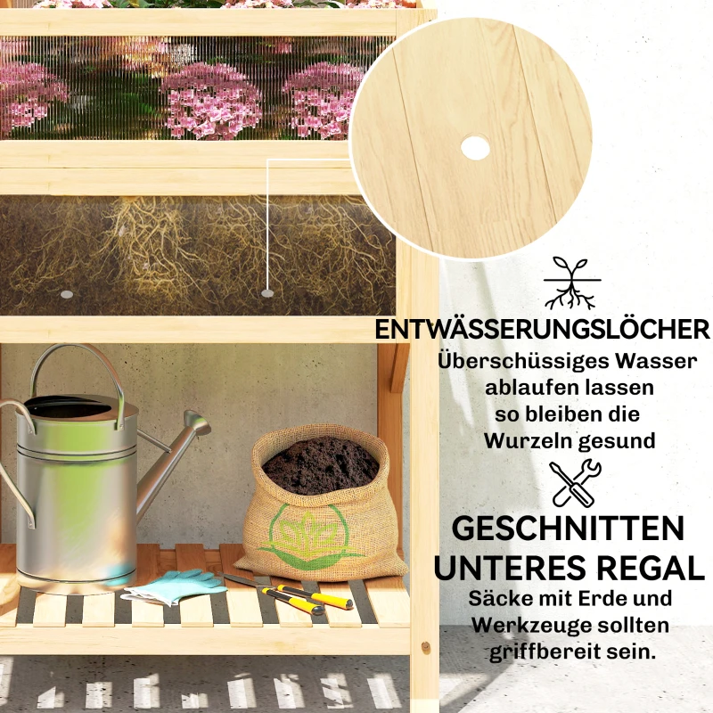 Outsunny Hoogbed met broeikasopzet van hout plantenbak met kas, inklapbare zijtafel en opbergruimte, naturel hout