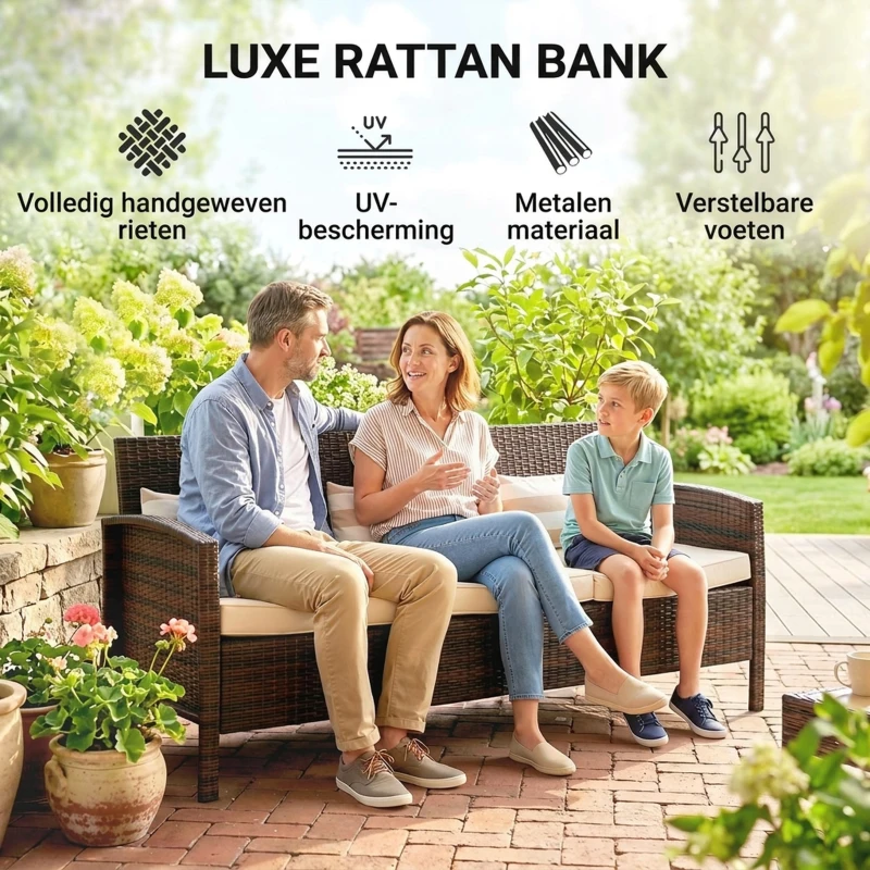Outsunny rotan bank met kussens, driezits loungebank, staal, grijs, 173 x 68 x 78 cm Outdoor loungebank kussen driezits bruin