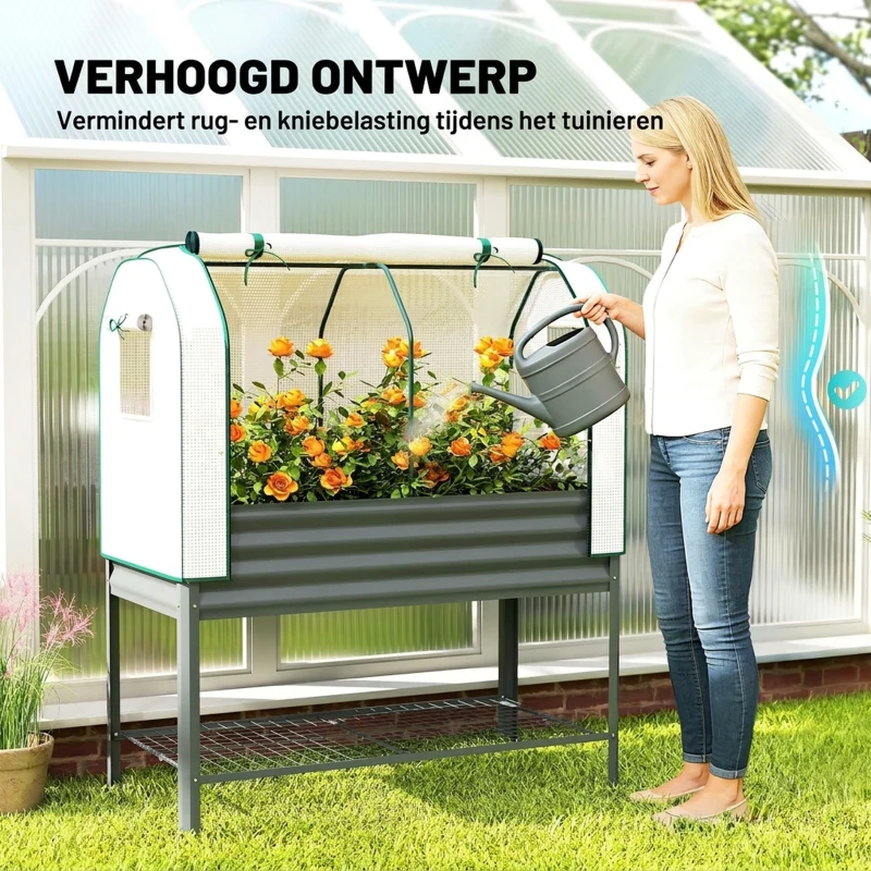 Outsunny Verhoogd plantenbed met kasopzetstuk van metaal, plantenbak met kas en opbergrek, verhoogd 120 x 55 x 140cm