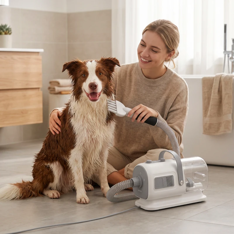 PawHut Blas- und Haartrockner für Hunde, 8 in 1 Pflegeset 1100 W, 40-65 °C, 10000 Pa, 65 m/s, 1.7 L, 3 Düsen